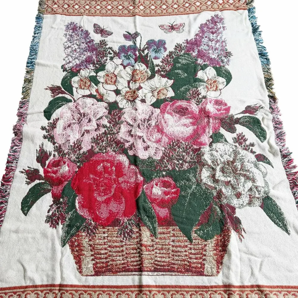 Vintage Shabby Chic Spring Flower Bouquet Woven Tapestry Fringed Throw Blanket